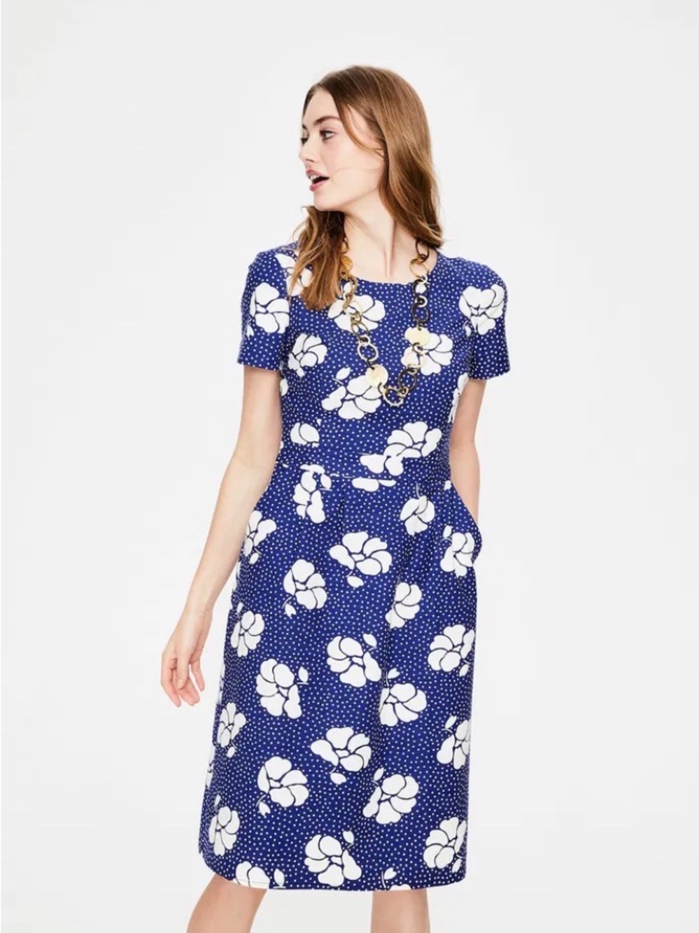 Boden Sierra textured cream and blue cotton floral dress with polkadots size 2
